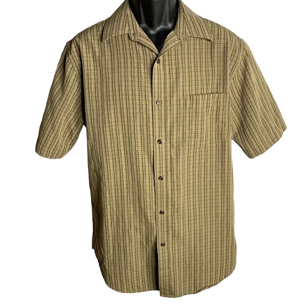Croft & Barrow Button Up Short Sleeve Shirt M Brown Striped Chest Pocket Collar